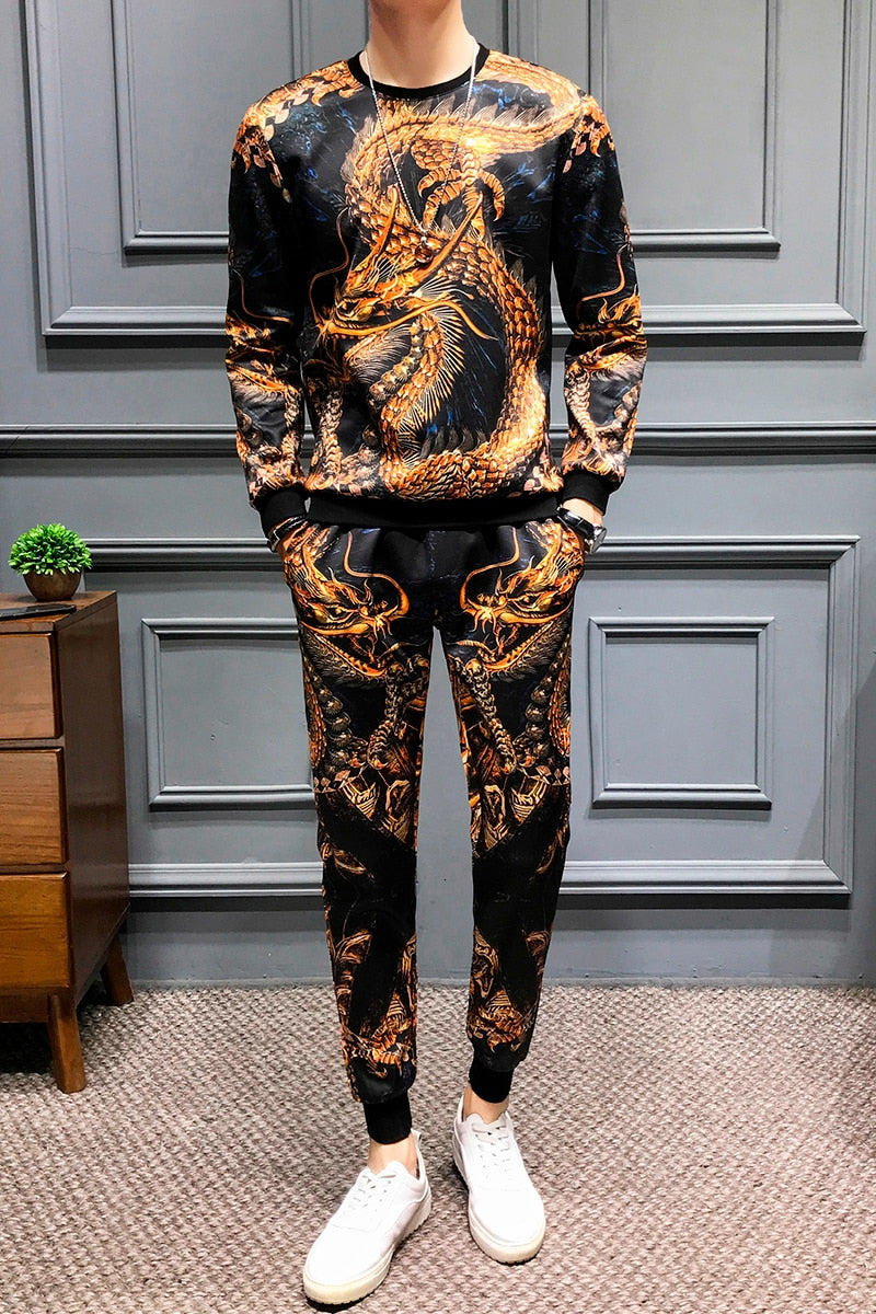 Fierce Dragon Print Casual Set Men Sweatshirt and Pants