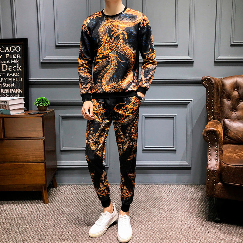 Fierce Dragon Print Casual Set Men Sweatshirt and Pants
