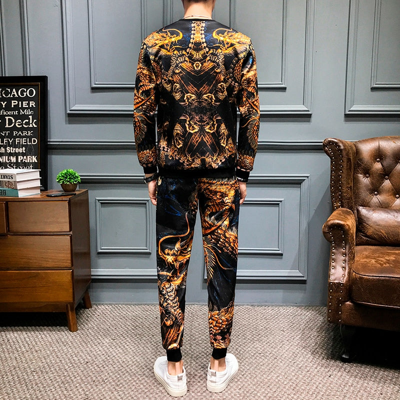 Fierce Dragon Print Casual Set Men Sweatshirt and Pants