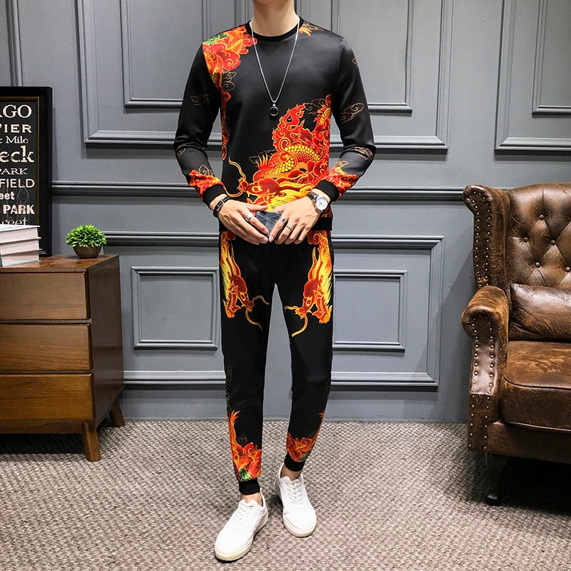 Fire Dragon Print Casual Men Sweatshirts and Pants