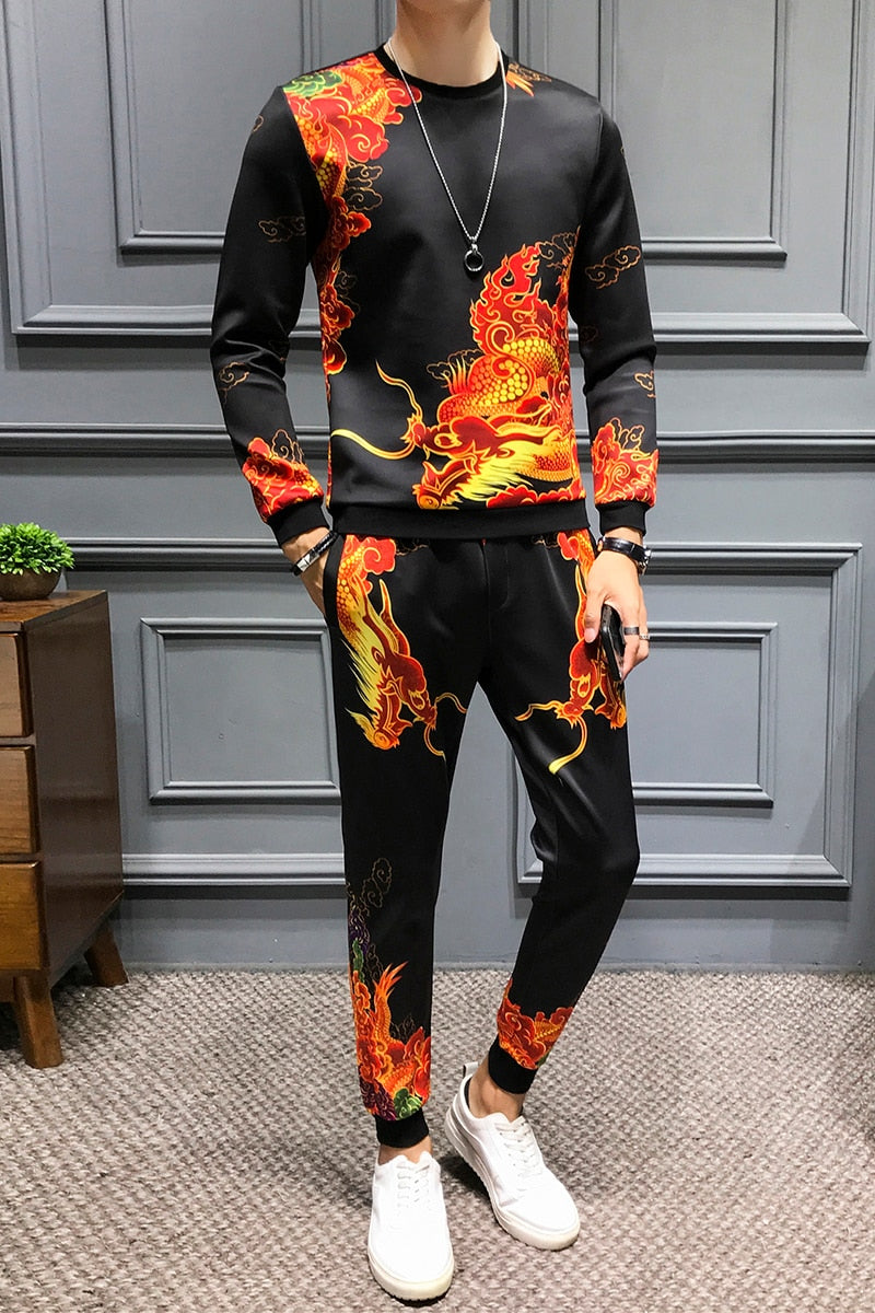 Fire Dragon Print Casual Men Sweatshirts and Pants