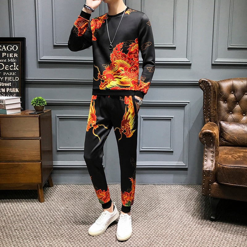 Fire Dragon Print Casual Men Sweatshirts and Pants