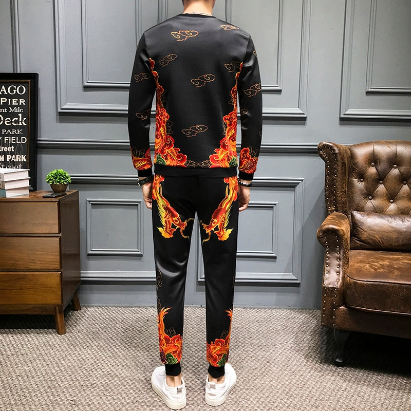 Fire Dragon Print Casual Men Sweatshirts and Pants