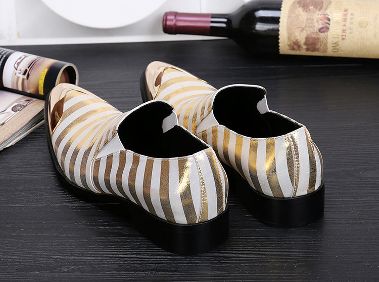Metal Pointed Toe Gold Stripes Leather Men Shoes