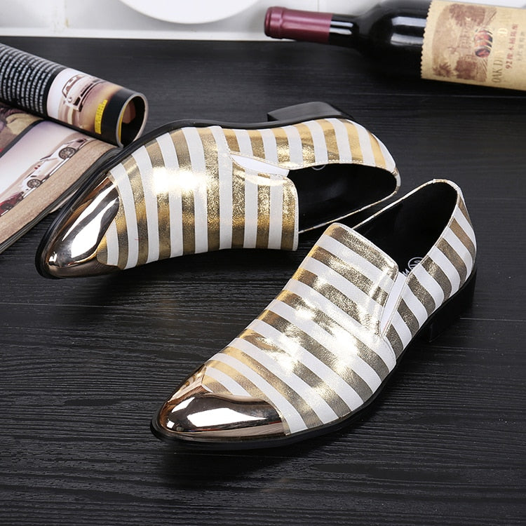 Metal Pointed Toe Gold Stripes Leather Men Shoes