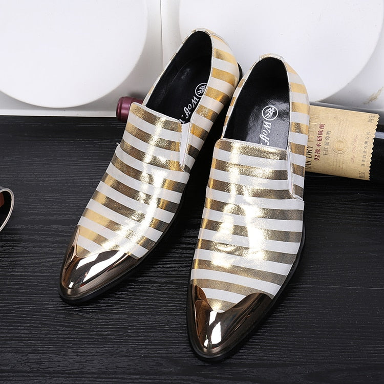 Metal Pointed Toe Gold Stripes Leather Men Shoes