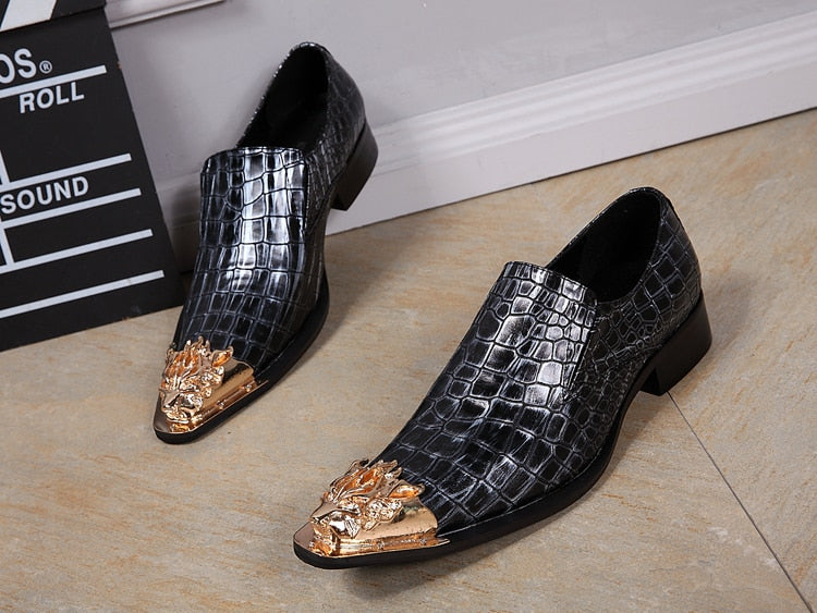 Metal Tiger Toe Crocodile Look Men Leather Shoes