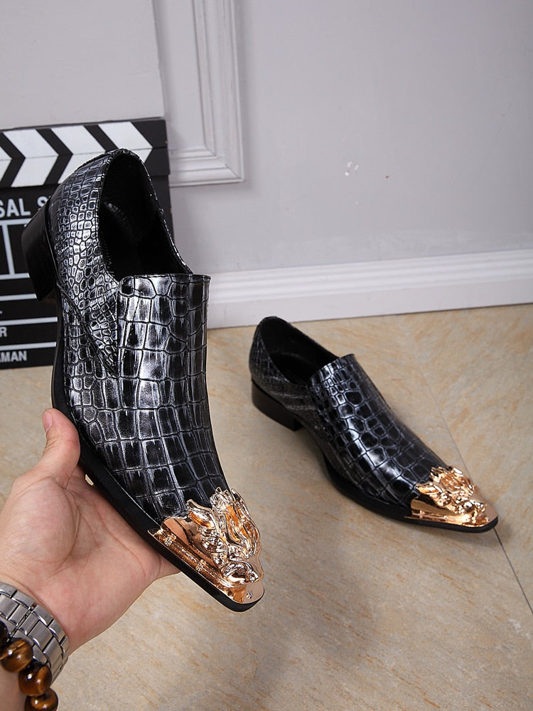 Metal Tiger Toe Crocodile Look Men Leather Shoes