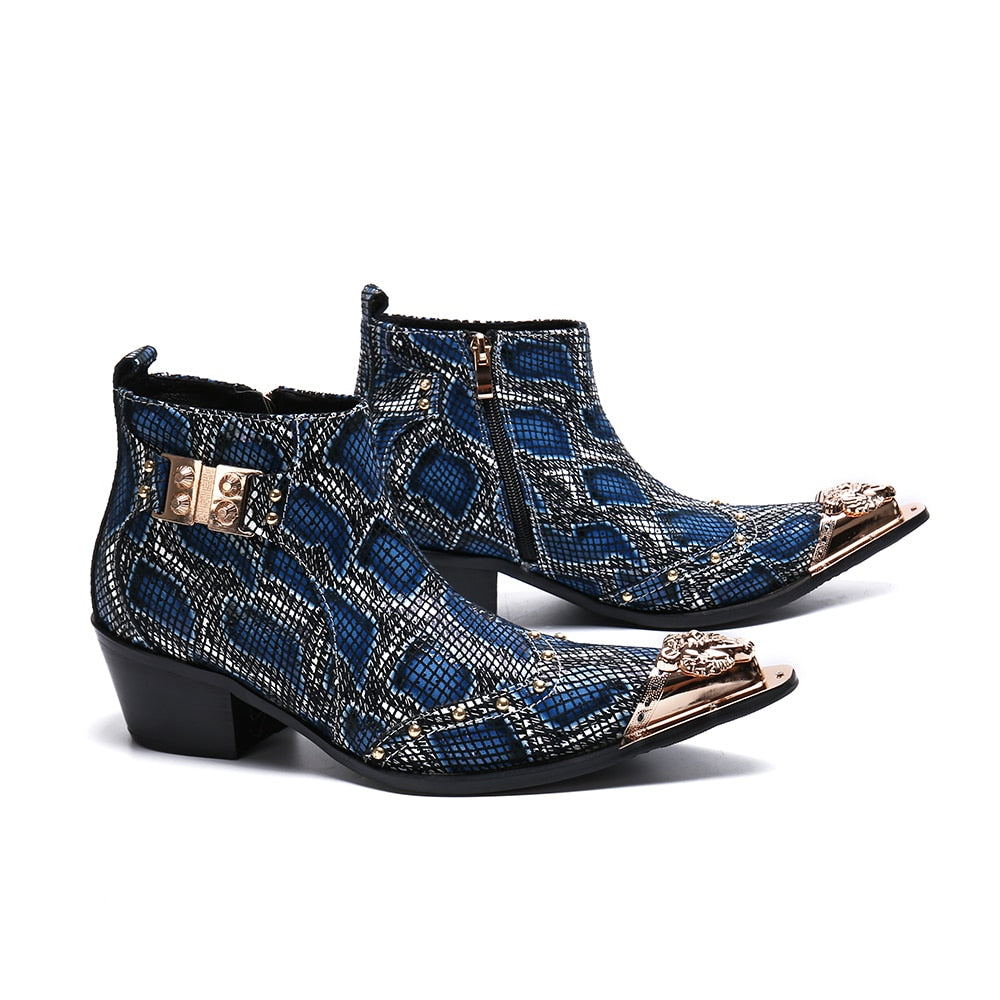 Snake Patterned Metal Toe Men Boots with Buckles