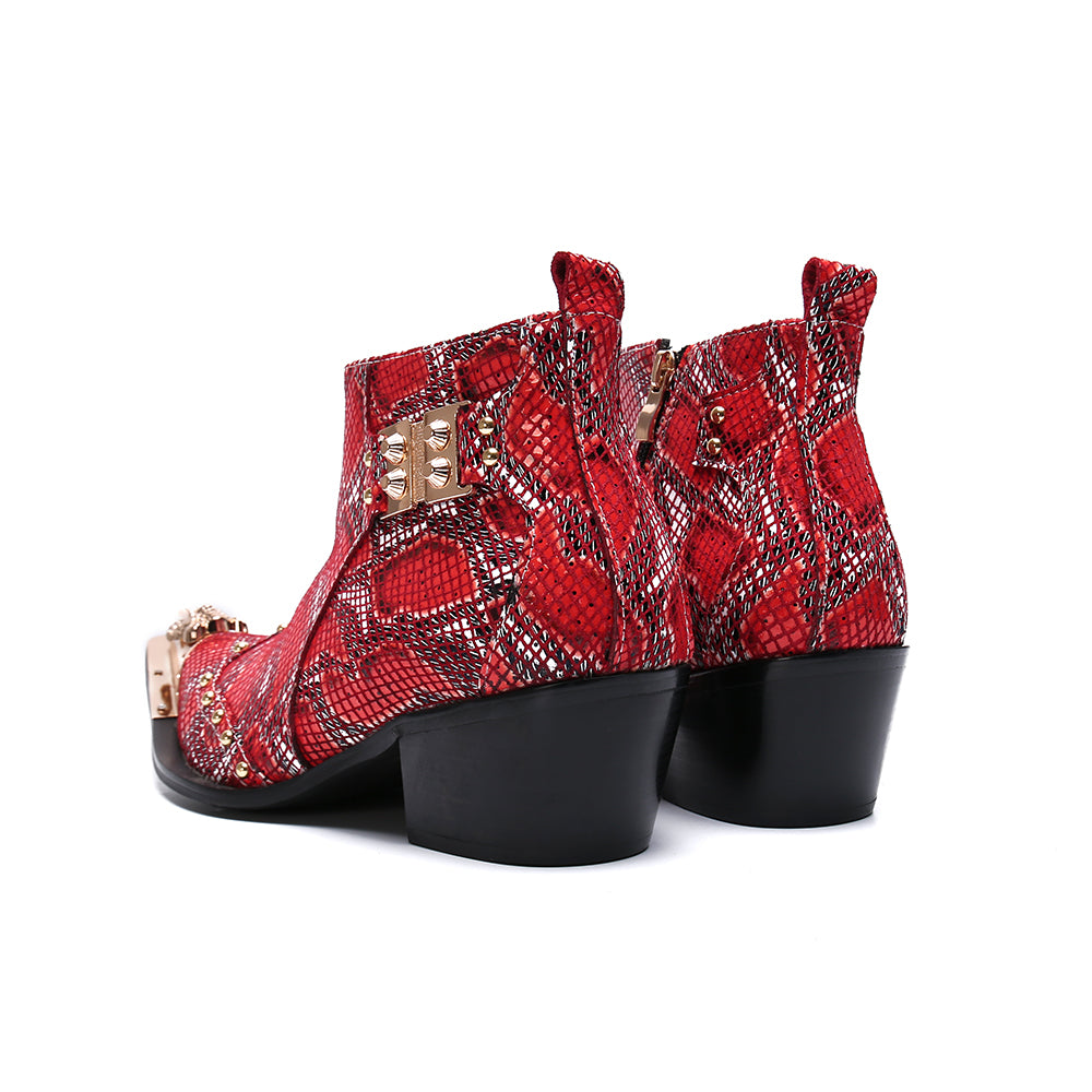 Snake Patterned Metal Toe Men Boots with Buckles