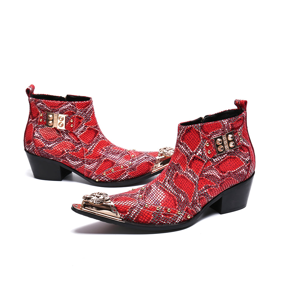 Snake Patterned Metal Toe Men Boots with Buckles
