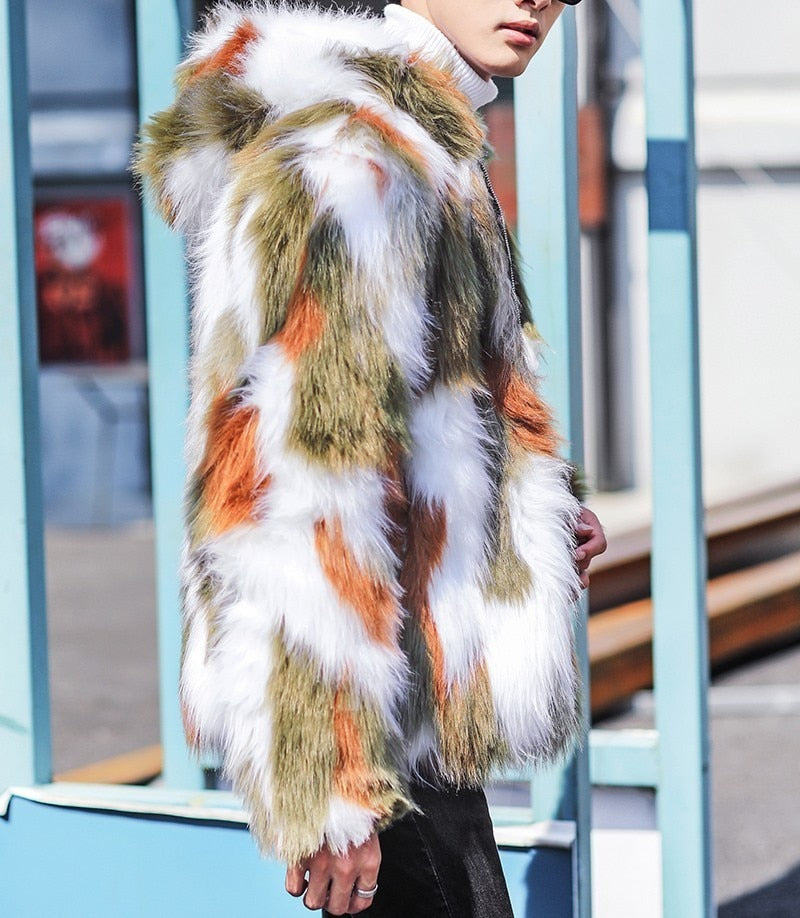 Green White Brown Camo Men Fur Jacket with Hoodie