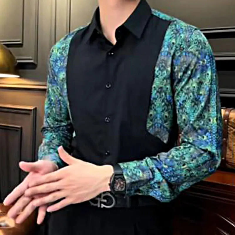 Contrast Color Stitching Print Shirt