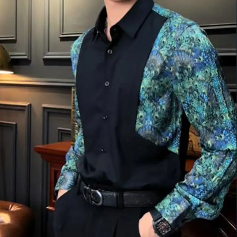 Contrast Color Stitching Print Shirt