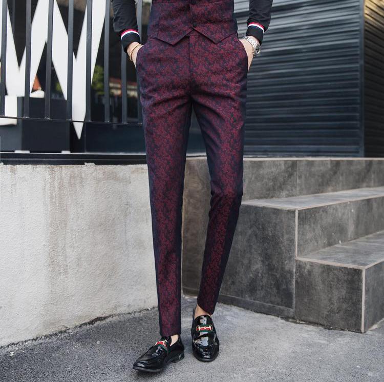 Contrast Black Collar Wine Red Patterned Men Slim Fit Suit Set with Vest and Trouser - FanFreakz
