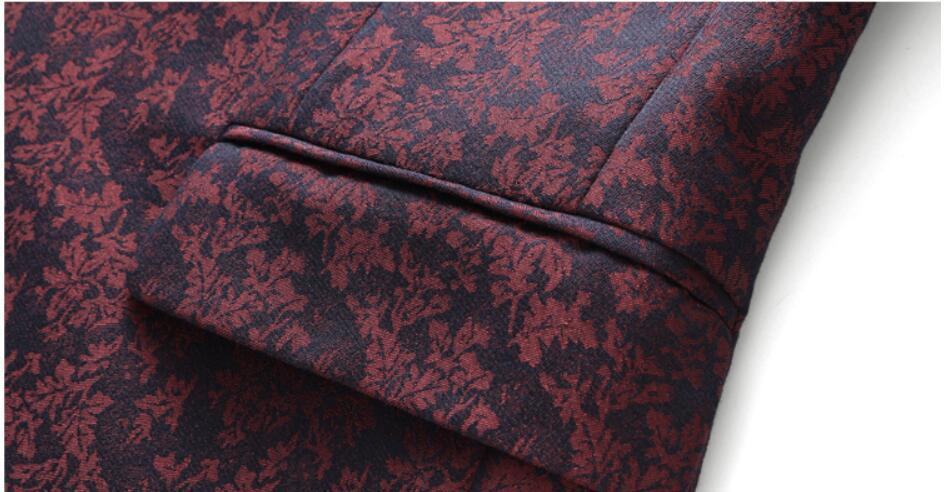 Contrast Black Collar Wine Red Patterned Men Slim Fit Suit Set with Vest and Trouser - FanFreakz