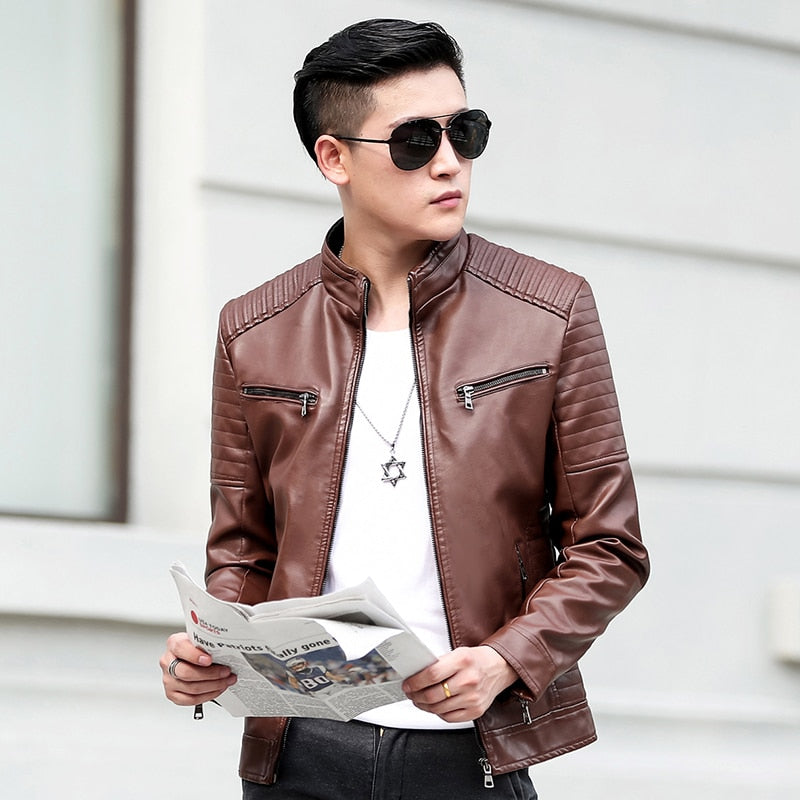 Casual Biker Zipper Solid Leather Jacket