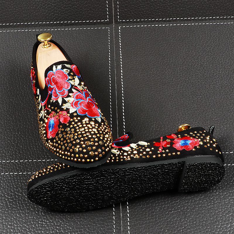 Black with Crystal and Flowers Embroidery Pattern Men Loafers Shoes