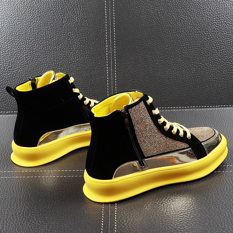 Yellow Gold Black Crystal High Top Bling Style Men Sneaker
