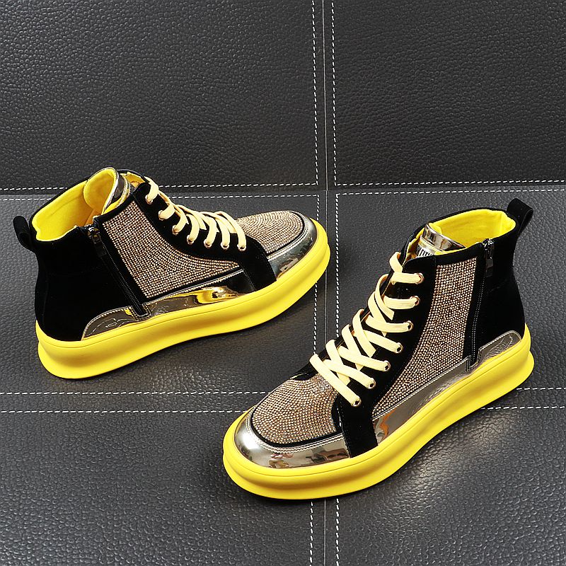 Yellow Gold Black Crystal High Top Bling Style Men Sneaker