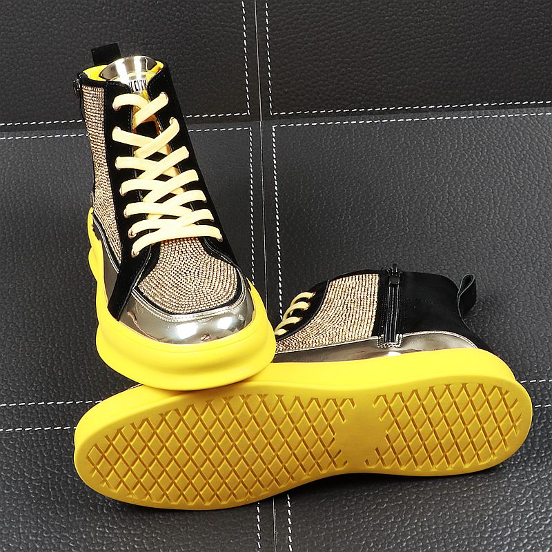 Yellow Gold Black Crystal High Top Bling Style Men Sneaker