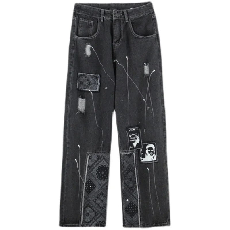 Black Patchwork Loose Denim Pants
