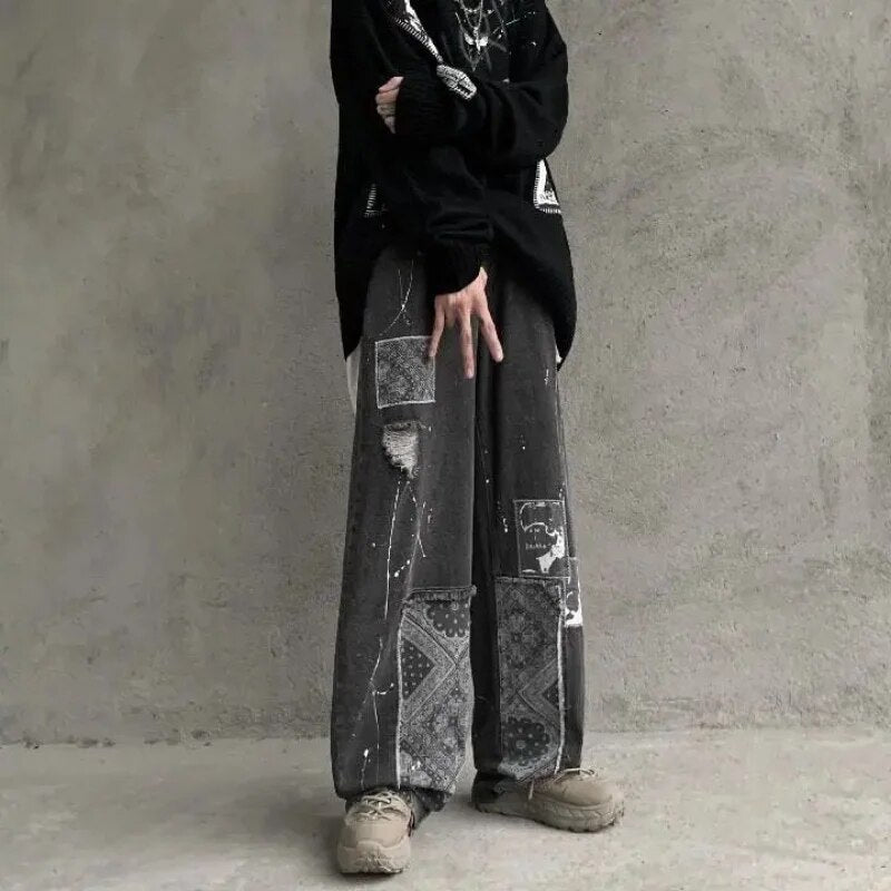 Black Patchwork Loose Denim Pants
