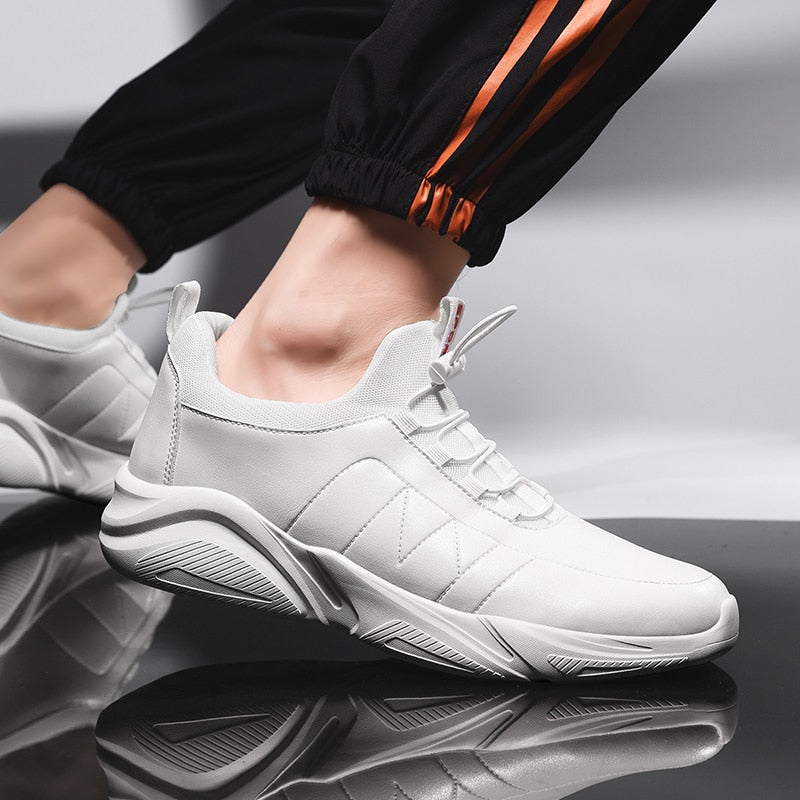 Elastic Laces Men Monochrome PU Leather Sneakers