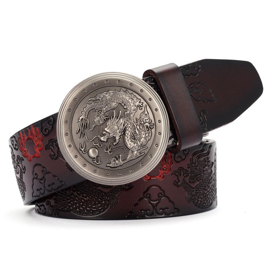 Dragon Pattern Round Buckle Leather Belt