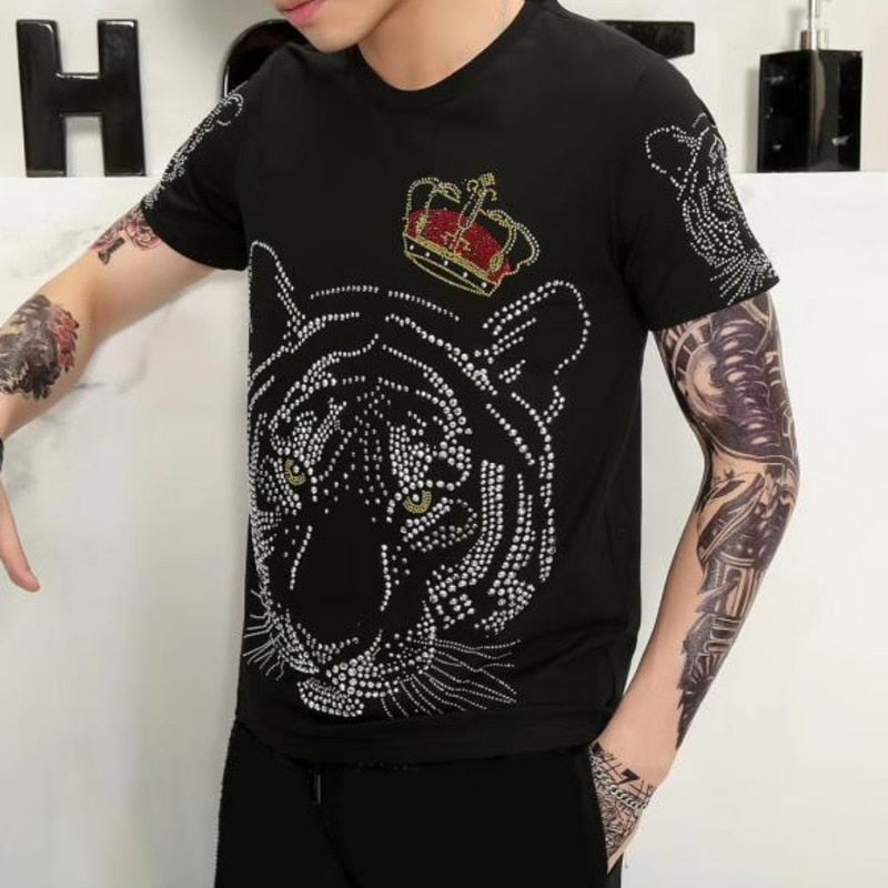 Crowned Tiger Rhinestones Monochrome Men T-Shirt