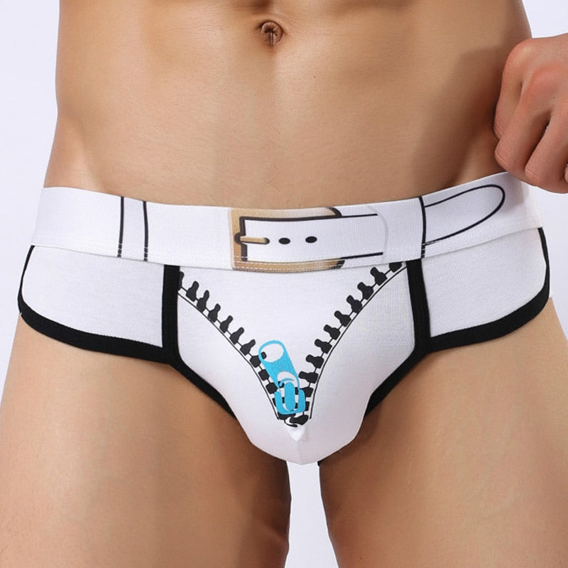 Belt and Open Front-Zipper Print Style Man Briefs
