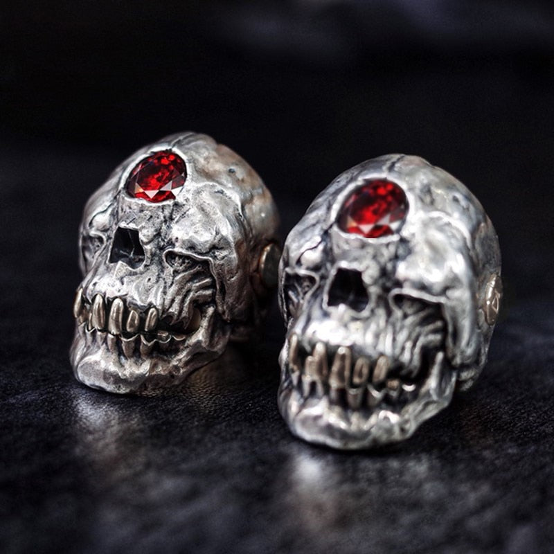 Red Crystal Forehead Cyclops Skull Stainless Steel Biker Style Men Fashion Rings