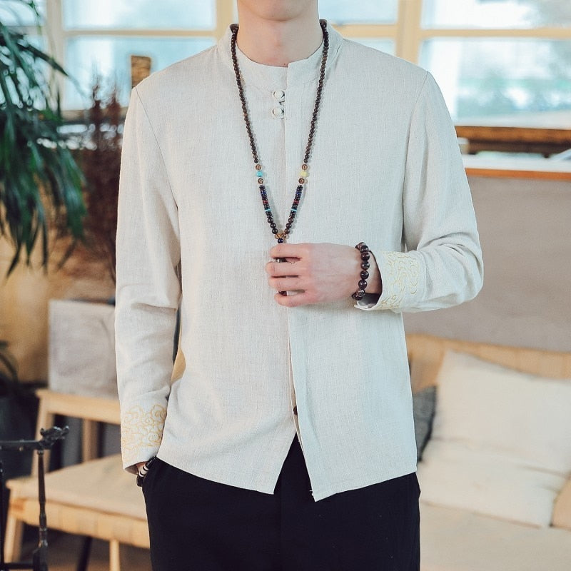 Linen Traditional Kung Fu Style with Simple Wrist Embroidery Men Long Sleeve Shirt