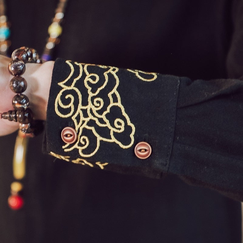 Linen Traditional Kung Fu Style with Simple Wrist Embroidery Men Long Sleeve Shirt