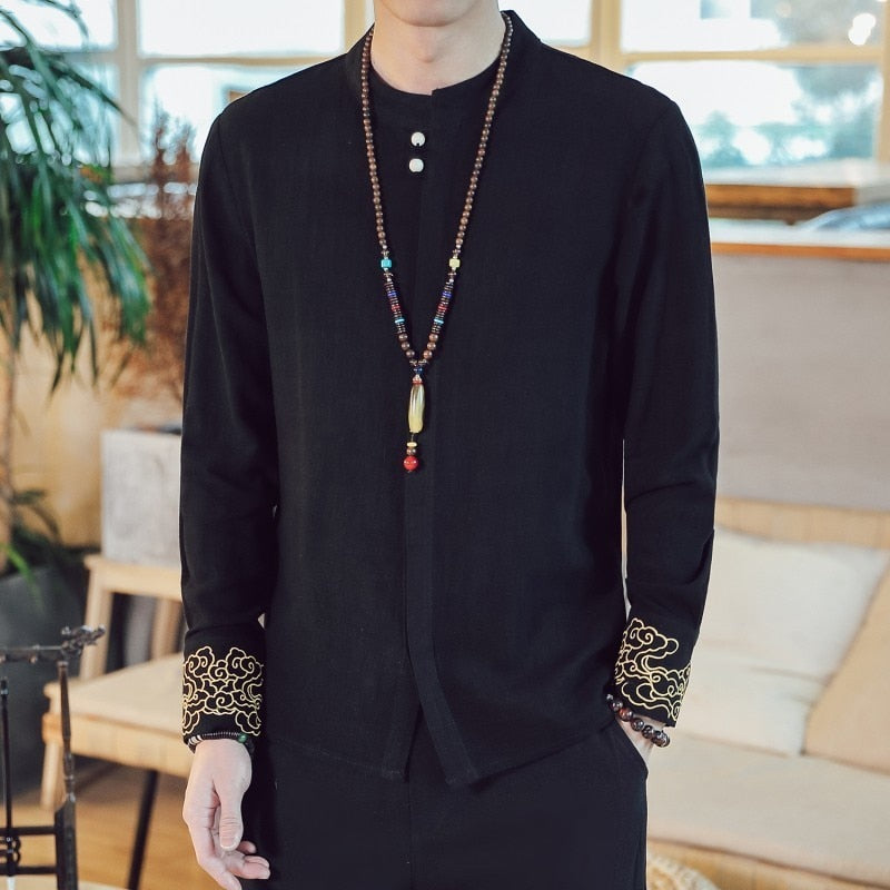 Linen Traditional Kung Fu Style with Simple Wrist Embroidery Men Long Sleeve Shirt