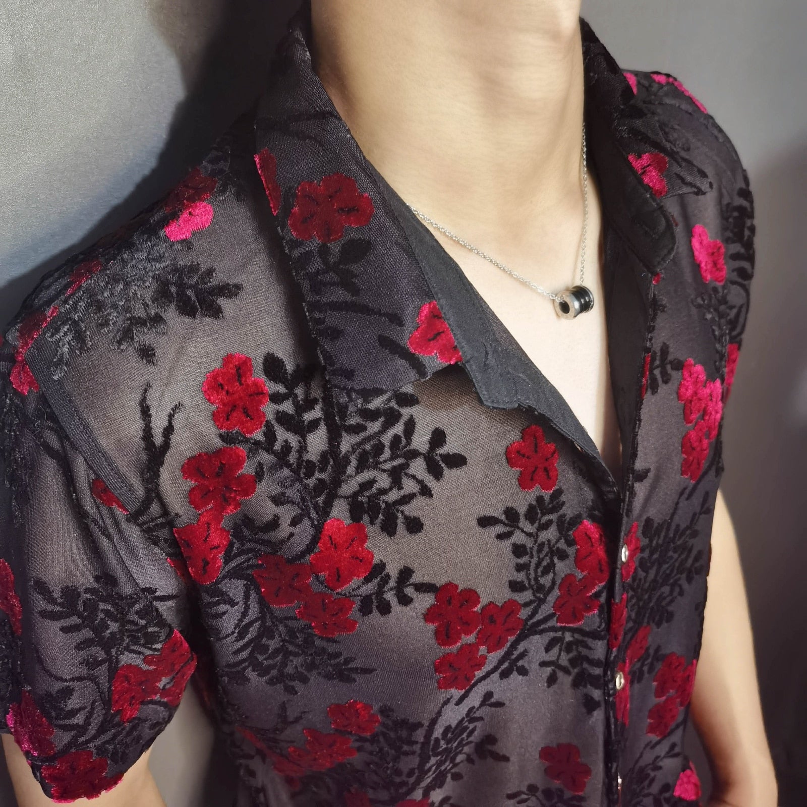 Red Blue Transparent Floral Velvet Shirt