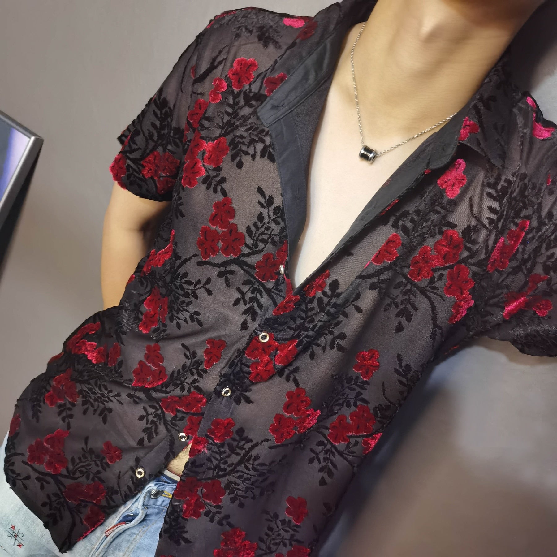 Red Blue Transparent Floral Velvet Shirt