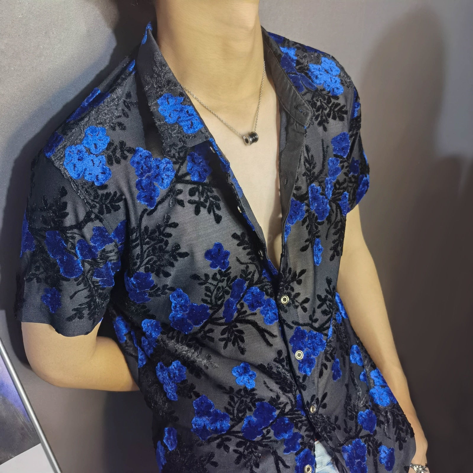 Red Blue Transparent Floral Velvet Shirt