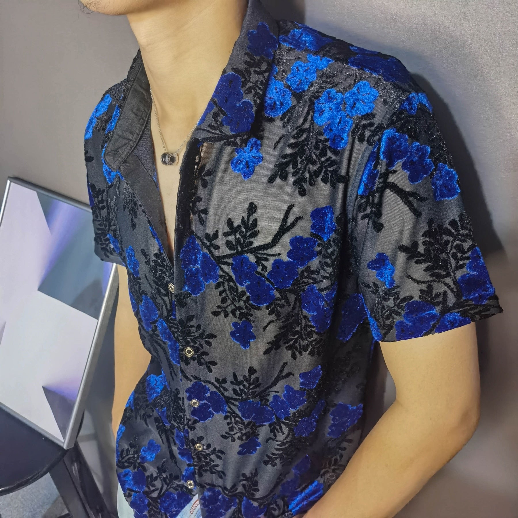 Red Blue Transparent Floral Velvet Shirt