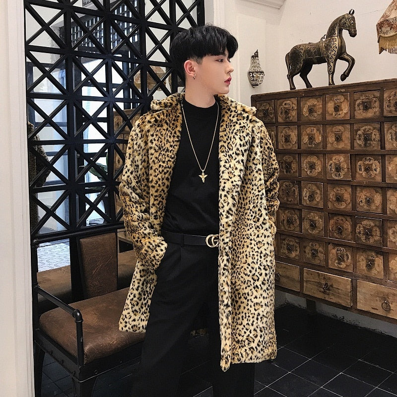 Gorgeous Leopard Pattern Style Men Faux Fur Coat