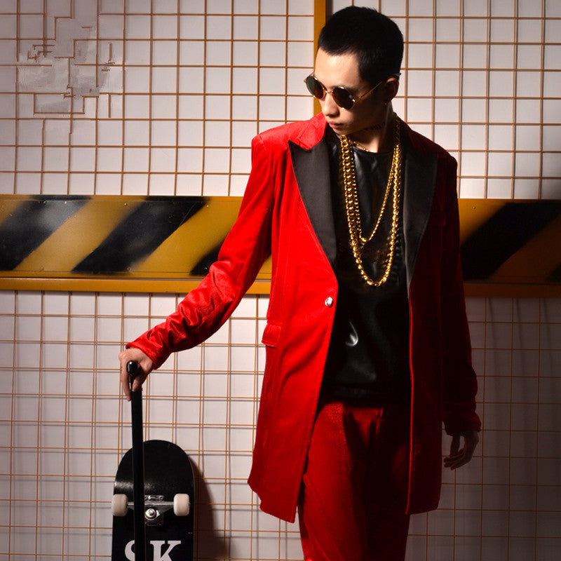 Red Velvet White Lapel Men Long Blazer with Pants Optional For Stage Performance
