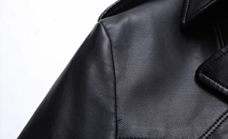 Solid Black Zipper Leather Coat