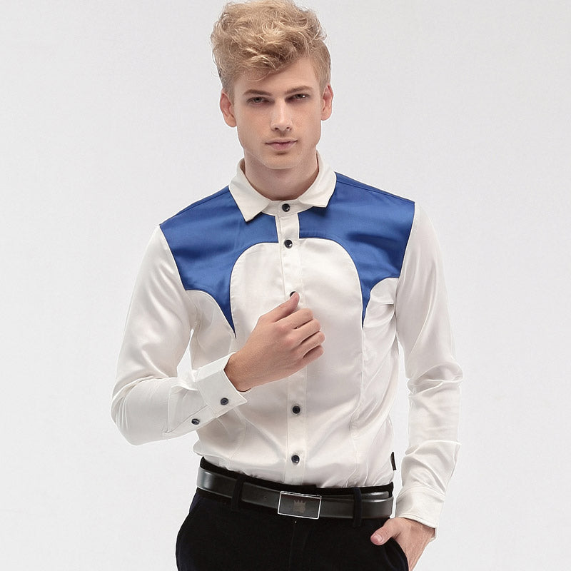 Blue Patchwork On Shoulder Men White Long Sleeve Slim Shirt - FanFreakz