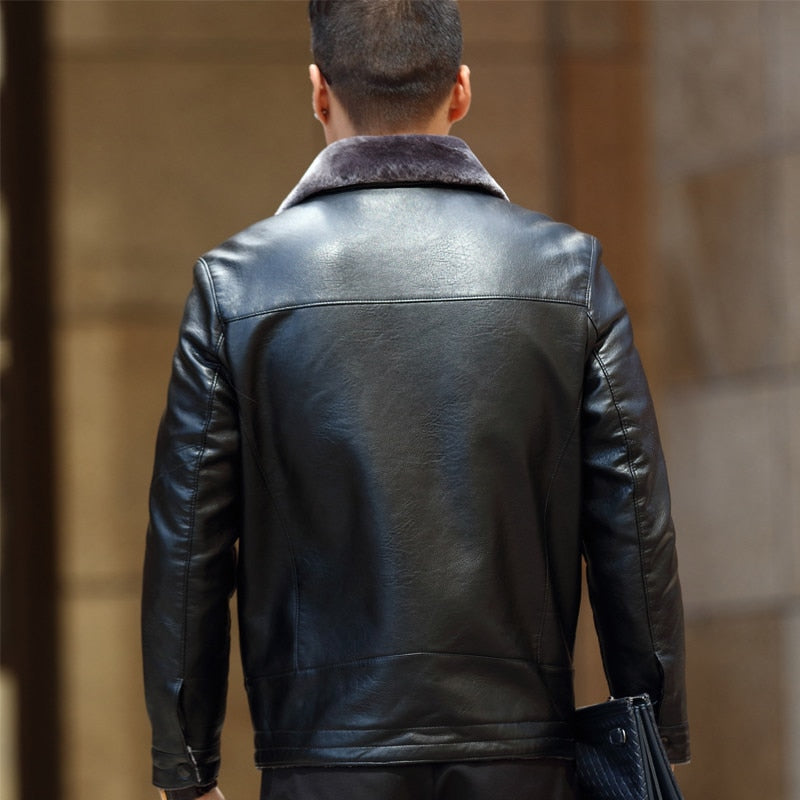 Winter Thick Black Casual PU Leather Warm Fleece Men Jacket