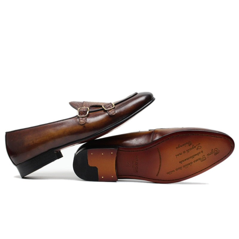 Pointed Toe Braided Monk Strap Leather Formal Style Men Loafers Shoes