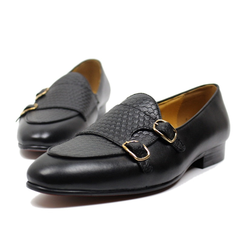 Pointed Toe Braided Monk Strap Leather Formal Style Men Loafers Shoes