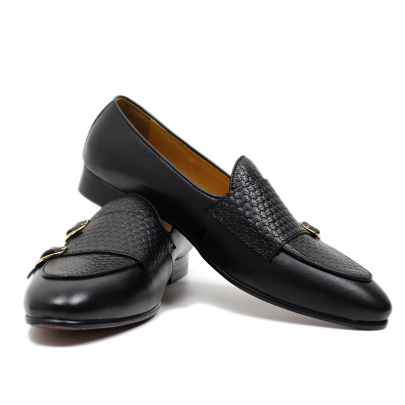 Stylish Black Brown Genuine Leather Hand Painted Monk Strap Style Men Loafers Shoes