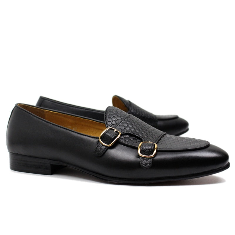Stylish Black Brown Genuine Leather Hand Painted Monk Strap Style Men Loafers Shoes