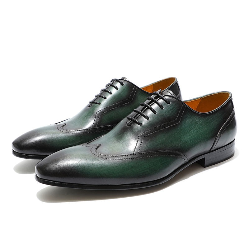 Excellent Black Green Hand Crafted Wingtip Men Oxfords Shoes