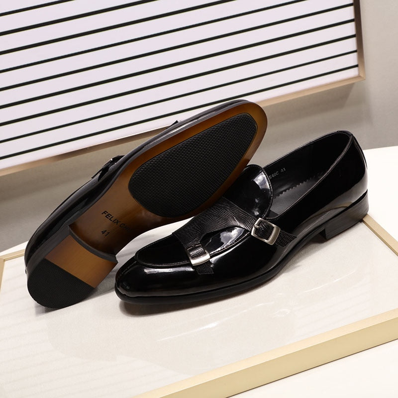 Patent Leather with Textured Monk Strap Design Men Loafers Shoes